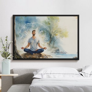 Arte de pared de meditación, impresión pacífica del bosque, decoración de atención plena, cartel de serenidad, arte de la sala de yoga, escena de la naturaleza espiritual, obras de arte zen
