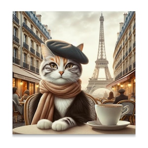 Art mural charmant chat dans le café de Paris, béret et écharpe français, vue tour Eiffel, décoration d'intérieur unique