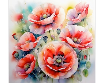 Acuarela flores de amapola roja arte de la pared, estampado de flores de amapola, impresión de arte botánico, decoración floral de la pared, arte inspirado en la naturaleza, decoración de la sala de estar