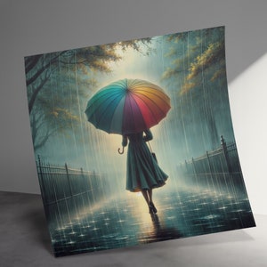 Colorful Woman Walking in Rain with Umbrella Art Print