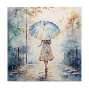 Autumn Rainy Day Fine Art Print, Woman Walking with Umbrella, Pastel Wall Decor, High Quality Wall Art, Home Interior Decoration