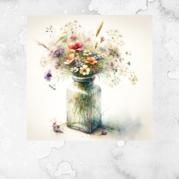 Watercolor Floral Bouquet Digital PNG Art, Vintage Vase with Flowers, PNG Instant Download, Botanical Illustration