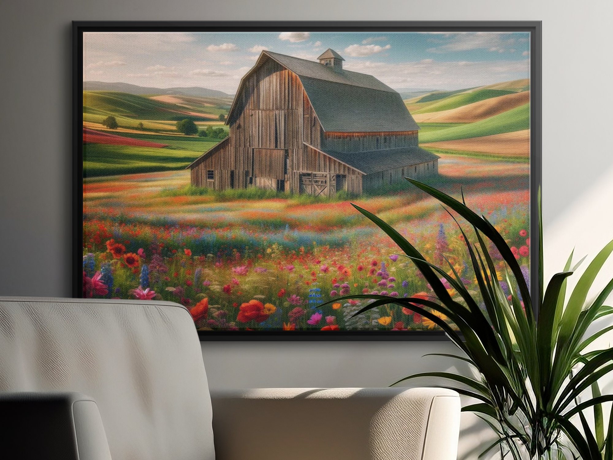 Rustic Barn Landscape Wall Art, Colorful Wildflower Field Print ...