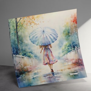 Colorful Watercolor Painting, Woman Walking in Rain with Colorful Umbrella, Rainy Day, Woman with Umbrella, Vibrant Printed Wall Art Decor
