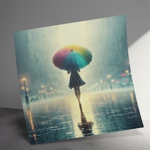 Stampa artistica di notte piovosa con ombrello colorato, decorazione da parete ad alta risoluzione, arte da parete Rainwalk della città urbana