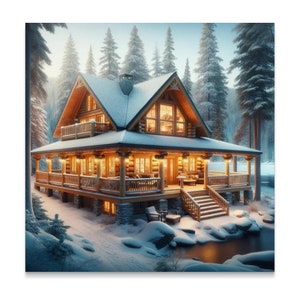 Winter Cabin Snow Scene Wall Art, Rustic Log Cabin Decor, Peaceful Snowy Landscape, Home Decor