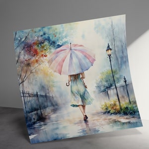 Colorful Umbrella Art Print, Woman Walking in the Rain with Umbrella, Rainy Day, Watercolor Wall Art, Vibrant Home Decor,  Unique Gift Idea