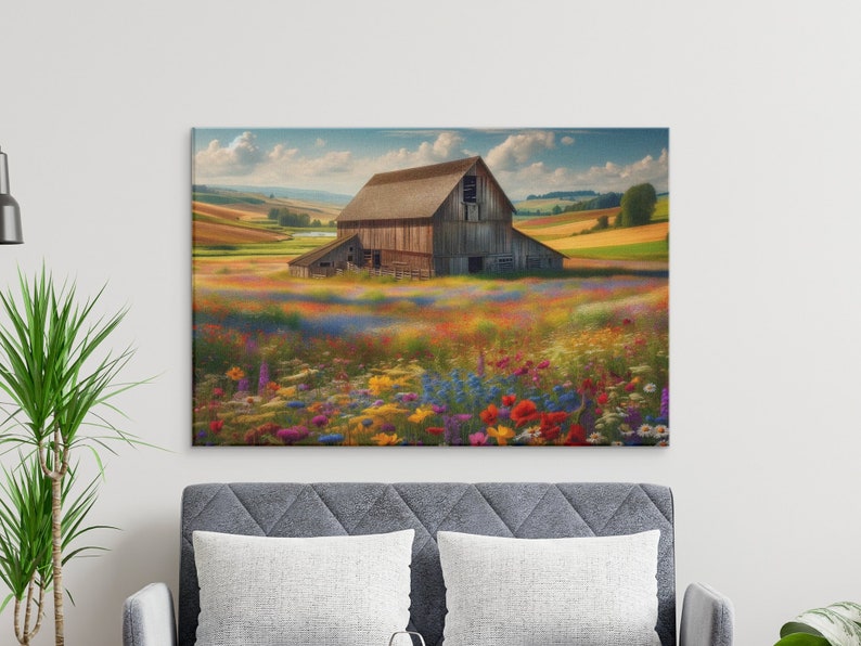 Rustic Barn in Wildflower Field, Country Living Wall Art, Farmhouse