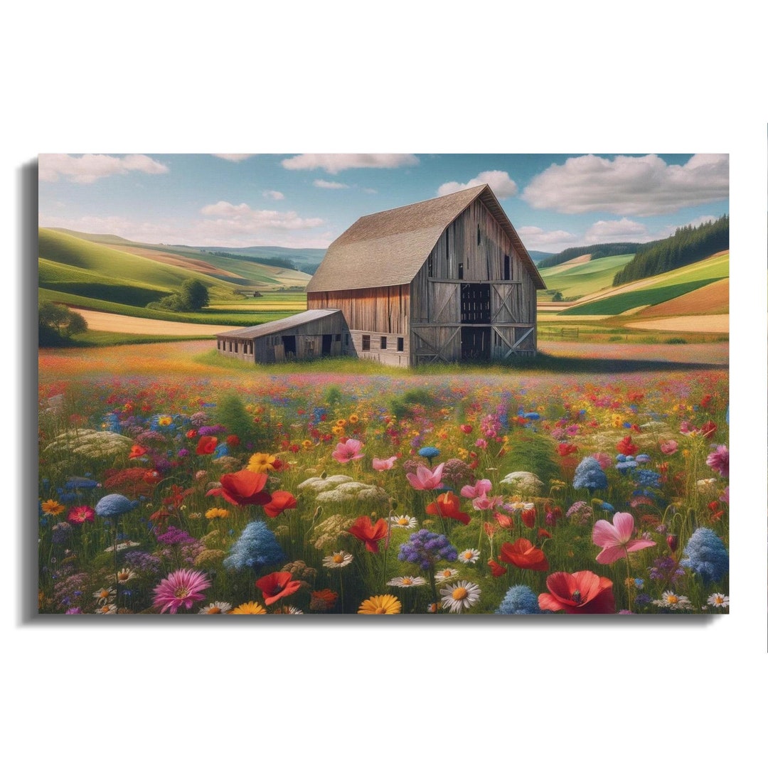 Rustic Barn Farmhouse Wall Art, Vibrant Wildflowers Landscape Print ...