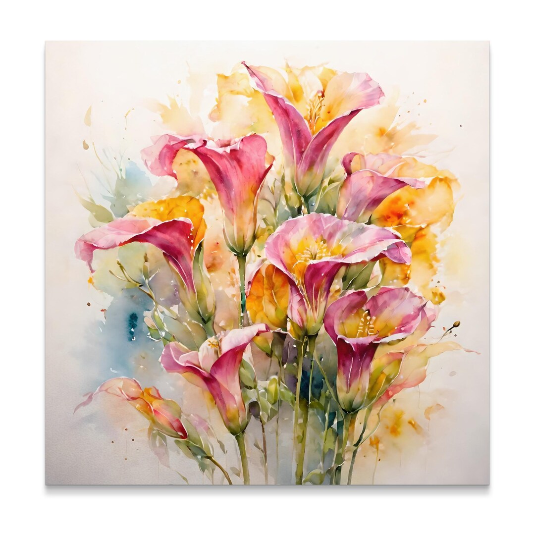 Watercolor Floral Wall Art, Pink and Yellow Flowers Print, Botanical ...