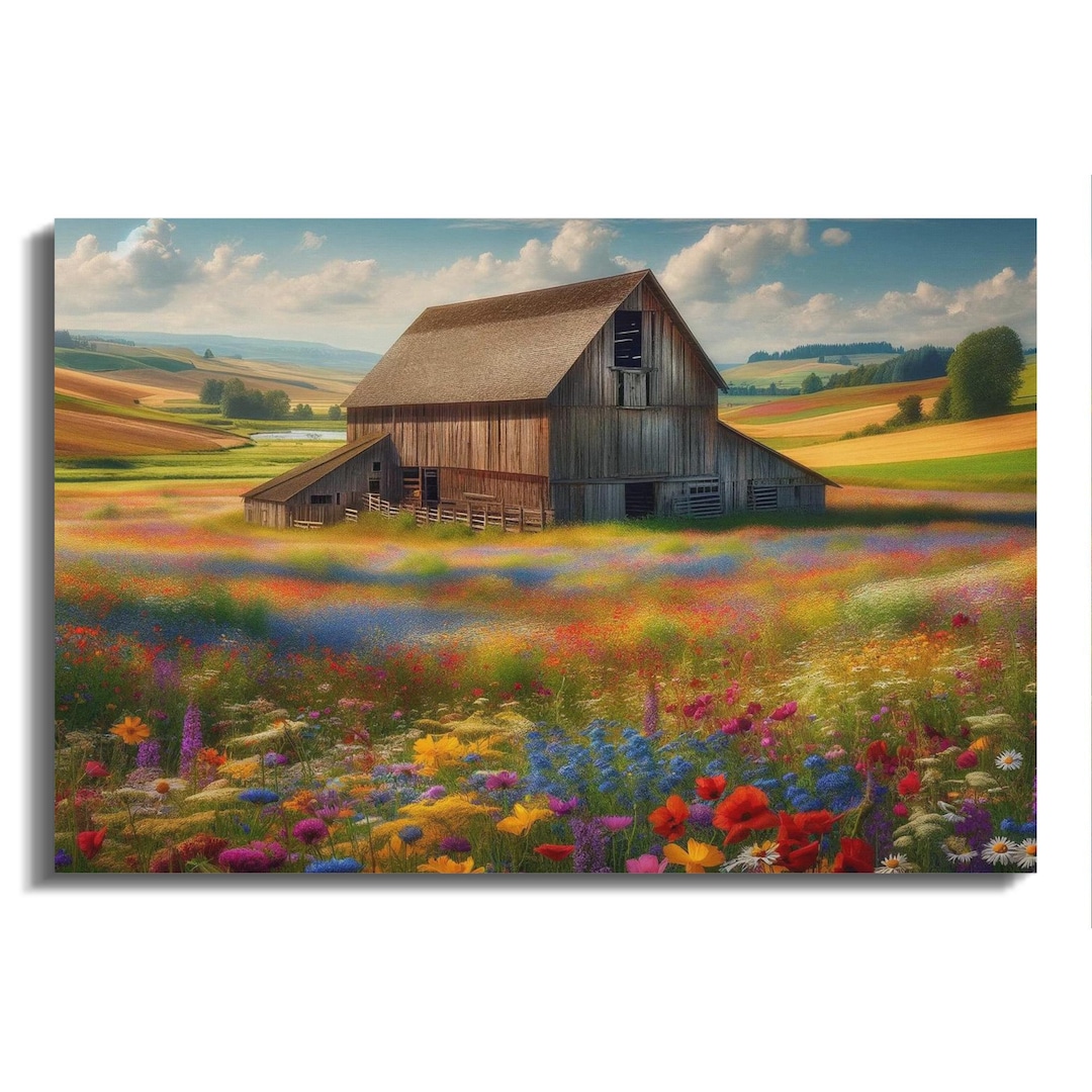 Rustic Barn in Wildflower Field, Country Living Wall Art, Farmhouse