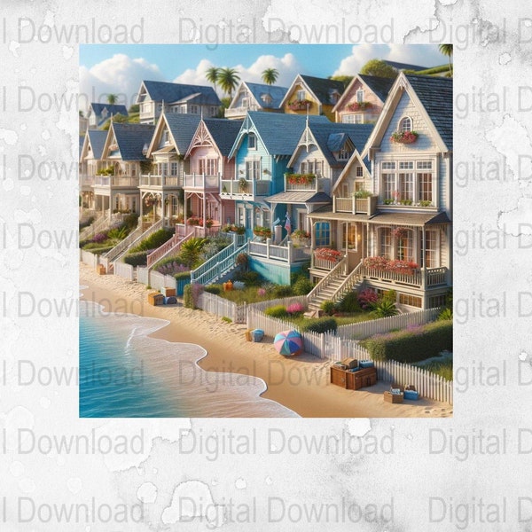 Colorful Beach House Row Digital Art, Pastel Seaside Homes Printable, Coastal Landscape, Oceanfront Instant Digital Download PNG
