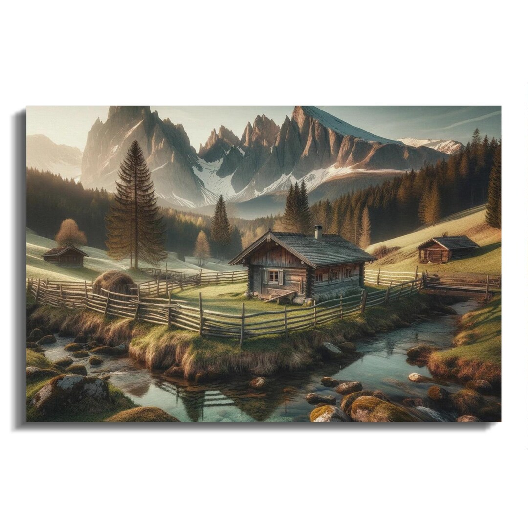 Idyllic Mountain Cabin Wall Art, Scenic Landscape Print, Rustic Home ...