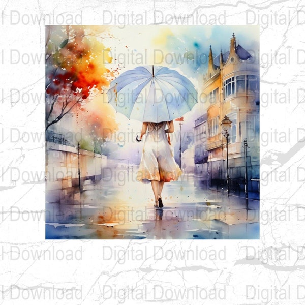 Watercolor Woman with Umbrella Walking in the Rain PNG, Rainy Cityscape Digital Print, Vibrant Instant PNG Download, Colorful Home Decor