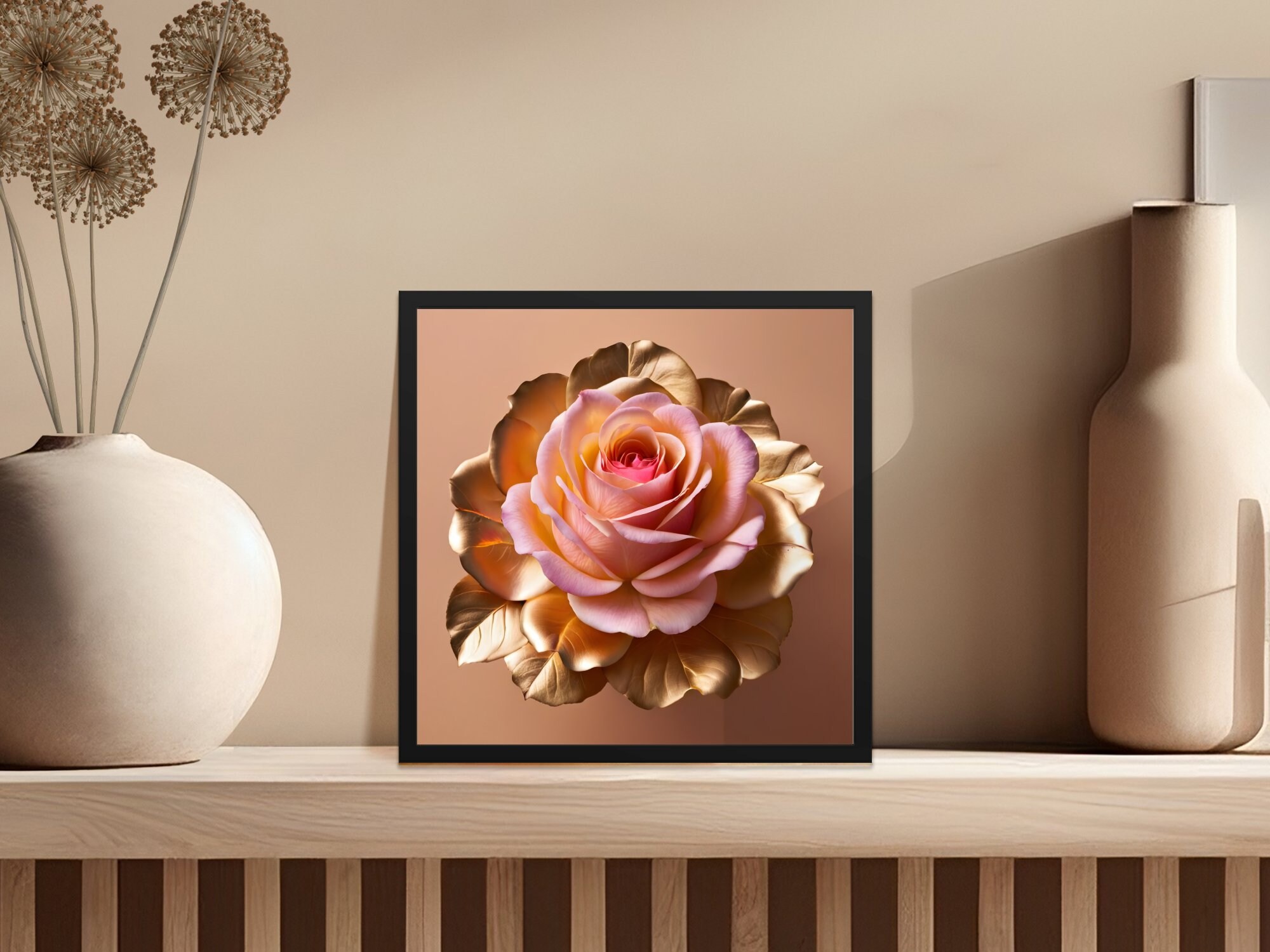 Elegant Rose Gold and Pink Flower Wall Art, Botanical Print, Beautiful ...