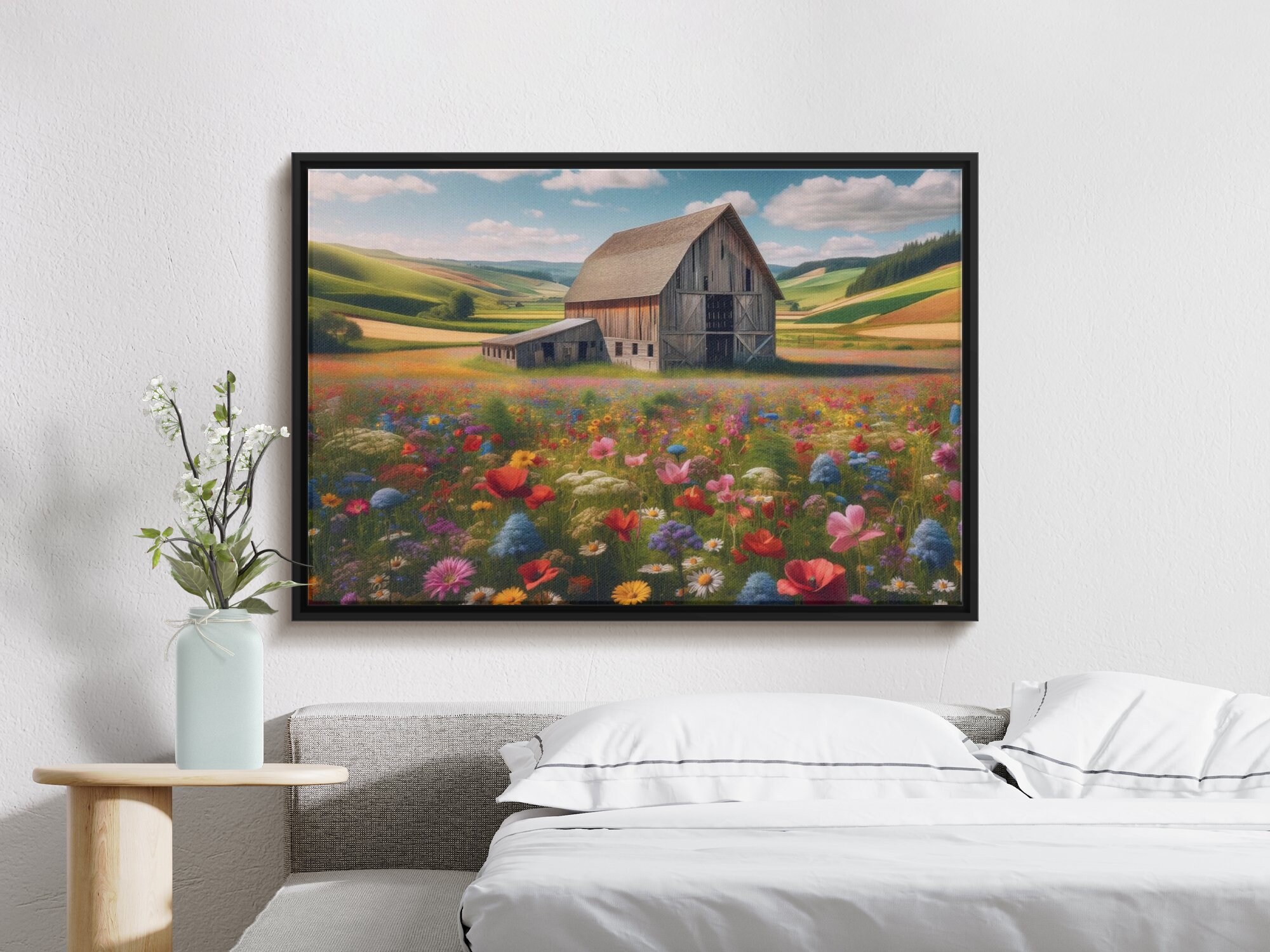 Rustic Barn Farmhouse Wall Art, Vibrant Wildflowers Landscape Print ...