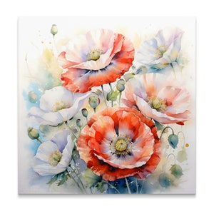 Watercolor Poppy Flowers Wall Art, Botanical Floral Print, Red and White Flowers Decor, Poppy Flower Painting for Home Decoration