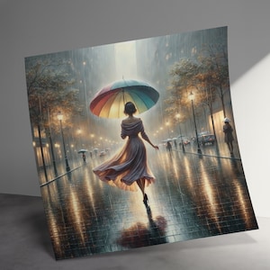 Woman Walking in the Rain with Colorful Umbrella Art Print, Rainy City Street Scene Art, Woman with Colorful Umbrella, Urban Decor Wall Art