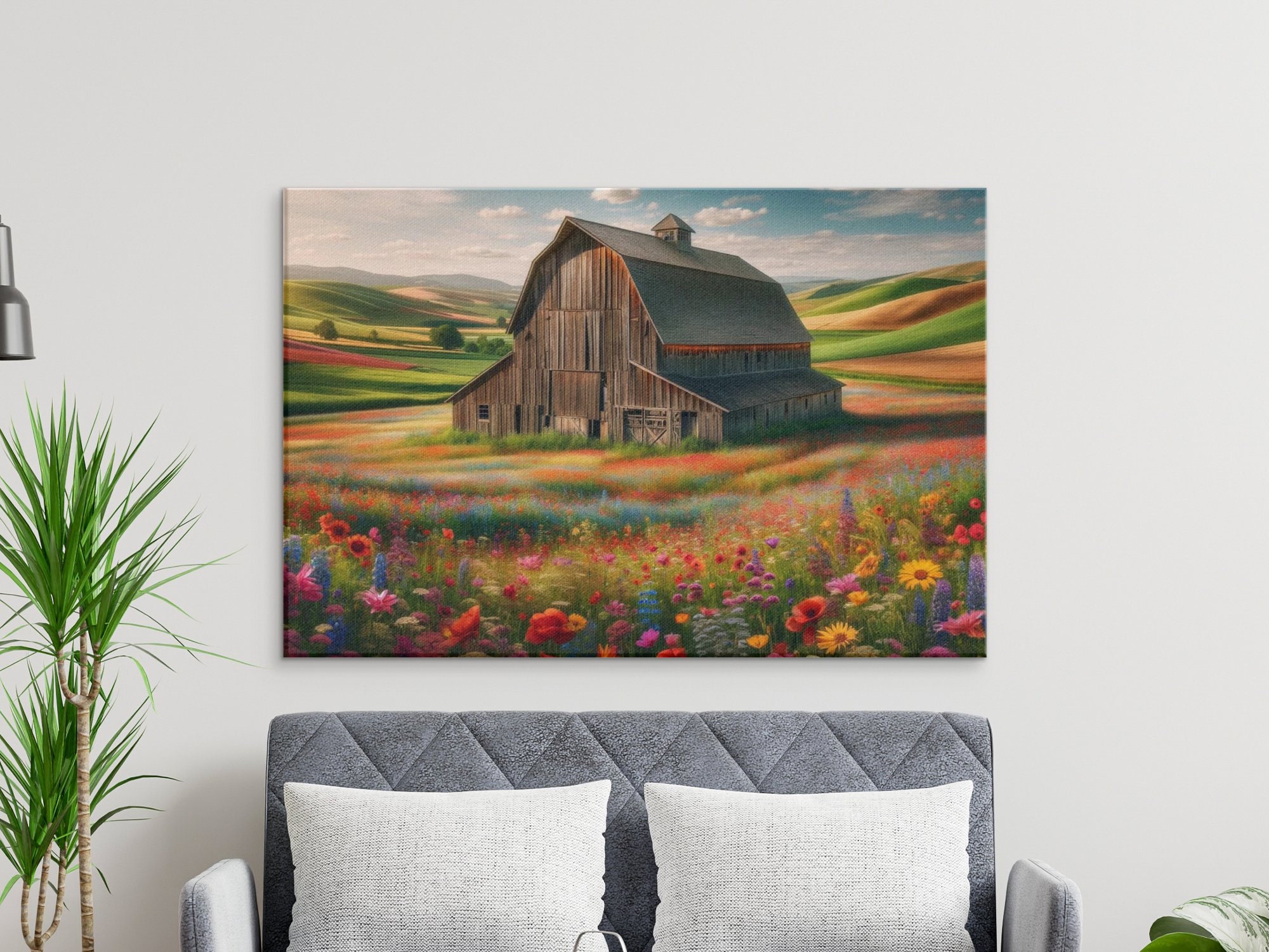 Rustic Barn Landscape Wall Art, Colorful Wildflower Field Print ...