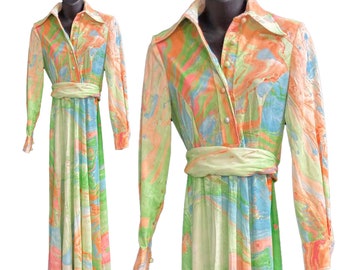 Vintage Don Luis De Espana 1970s Vintage Marble Swirl Print Psychedelic Long Sleeve Maxi Collared Hostess Dress