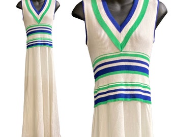 Vintage Neiman Marcus 1970s White Knit Sweater Sleeveless Maxi Dress Tennis Preppy Green Blue Stripe