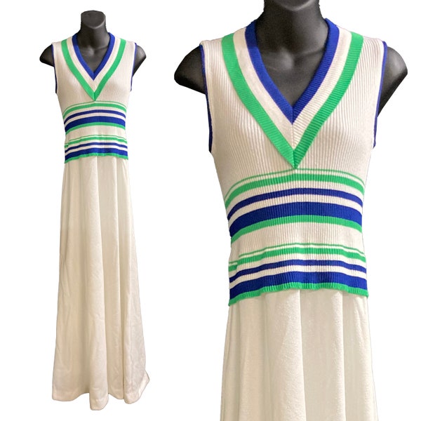 Vintage Neiman Marcus 1970s White Knit Sweater Sleeveless Maxi Dress Tennis Preppy Green Blue Stripe