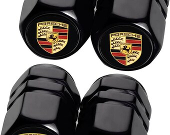 4 X PORSCHE Black / Black Tyre Valve Caps Suitable for PORSCHE Series Corrosion Resistant Leak-Proof Valve Stem Cover Dust Caps