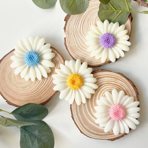 May include: Four white daisy-shaped resin embellishments with different colored centers. The centers are blue, purple, yellow, and pink. The embellishments are on top of round wooden slices.