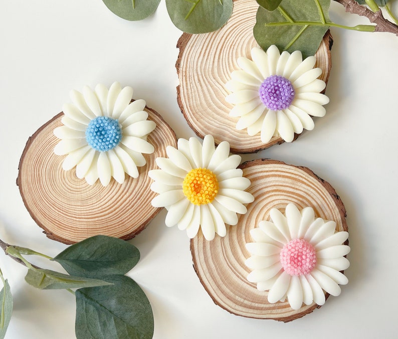 May include: Four white daisy-shaped resin embellishments with different colored centers. The centers are blue, purple, yellow, and pink. The embellishments are on top of round wooden slices.