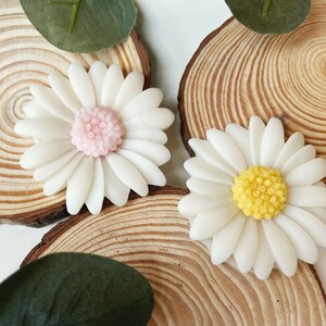 May include: Two white daisy-shaped resin flowers with different colored centers. One flower has a pink center and the other has a yellow center. The flowers are on top of wooden rounds.