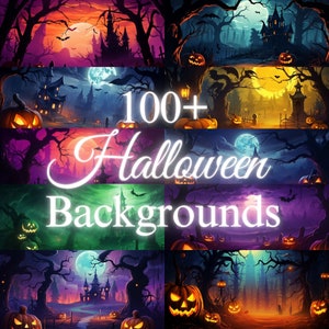 May include: A collage of 100+ Halloween backgrounds featuring spooky scenes with castles, trees, pumpkins, and moons. The backgrounds are perfect for creating Halloween-themed projects, such as invitations, cards, and social media posts.