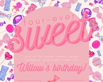 Four Ever Sweet Candy Themed Birthday Invitation - Fourth 4th Birthday Party Invite - Includes 2 Invite Options & Poster - Instant Download