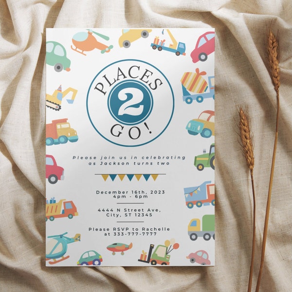 Car and Construction Themed Second Birthday Invitation - Places to Go Theme - Things that Go Theme -2nd Birthday Invite-  Instant Download