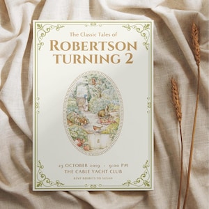 以下が含まれることがあります： 「The Classic Tales of ROBERTSON TURNING 2」のテキストが入った招待状。庭でウサギやその他の動物が描かれたイラストが特徴です。イベントの日時と会場が下部に印刷されています。