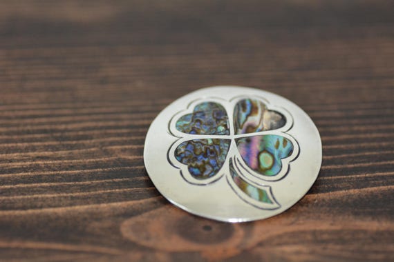 Vintage Taxco Sterling Silver Clover Brooch: Abalone Inlay Pin