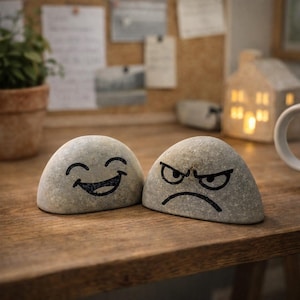 Happy and Angry Stones pair – Hand-made Expression Pebbles, Flower pot pebble, Desk buddies