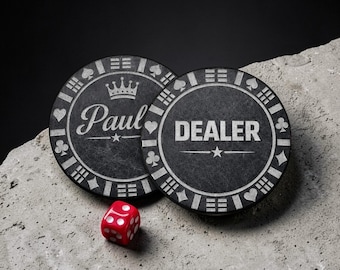 Personalized Stone Poker Chip with gift pouch, Custom Engraved Dealer Button, Casino Night Accessory
