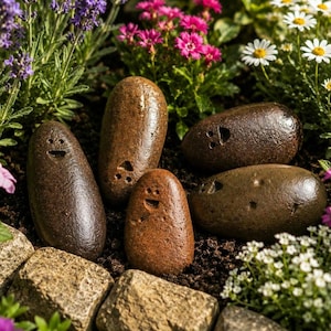 Pode incluir: Quatro pedras de rio lisas e castanho-escuras dispostas sobre solo escuro. Cada pedra apresenta um rosto simples esculpido com dois pequenos olhos circulares e uma boca curva. As pedras variam em tamanho e forma, duas na vertical.