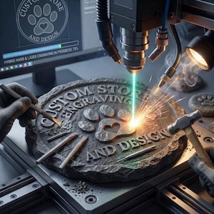 May include: A circular stone plaque undergoing hybrid engraving with a laser beam and hand tools. The stone features a paw print with a heart centre and the text CUSTOM STORE ENGRAVING AND DESIGN. A computer monitor displays a progress bar.