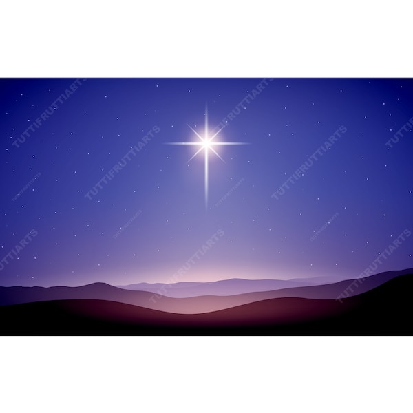 Light from star, christmas night, Bethlehem landscape. Jesus birth. Starry night EPS, JPEG files. Two illustration