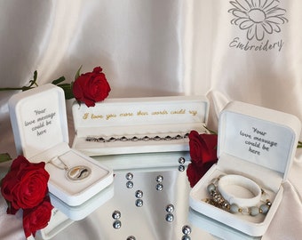 Personalised Jewellery Box White Velvet Embroidered with Your Message, Romantic Valentines Gift Bridesmaid Present