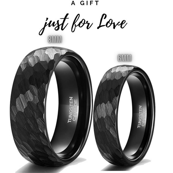 Elegantes anillos de boda de tungsteno negro martillado para parejas - Juego a juego en 6 mm y 8 mm - Regalo perfecto para él y ella