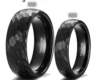 Stylish Hammered Black Tungsten Wedding Rings for Couples - Matching Set in 6mm and 8mm - Perfect Gift for Him and Her