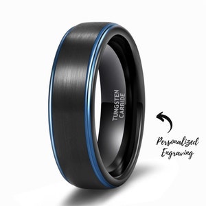 Personalized Custom Engraved Waterproof Tungsten Ring with Black-Blue Strip - Ideal Birthday Gift for Him or Her.
