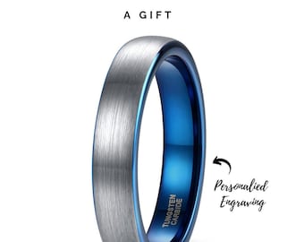 Tone Brushed Tungsten Silver Blue Ring with Engrave, Part ring, Engagement Rings for men and Women, Best for Birthday gifts.