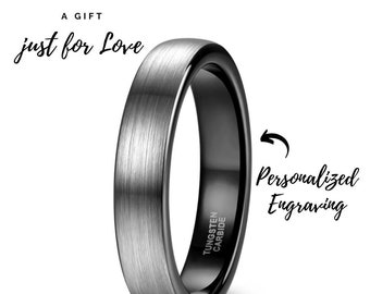 Anello nero in argento tungsteno spazzolato tono con incisione, anello parziale, anelli di fidanzamento per uomini e donne, ideale per regali di compleanno.