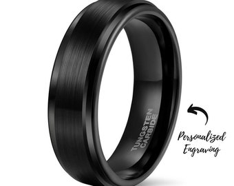 Op maat gegraveerde waterdichte wolfraam zwarte ring - Perfect verjaardagscadeau voor hem of haar