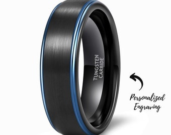 Personalized Custom Engraved Waterproof Tungsten Ring with Black-Blue Strip - Ideal Birthday Gift for Him or Her.