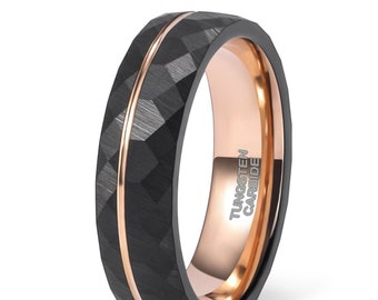 Personalized Black Tungsten Ring with Rose Gold Plated Accents - Unique Hammered Wedding Band