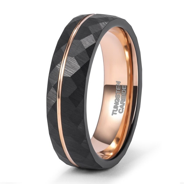Personalized Black Tungsten Ring with Rose Gold Plated Accents - Unique Hammered Wedding Band